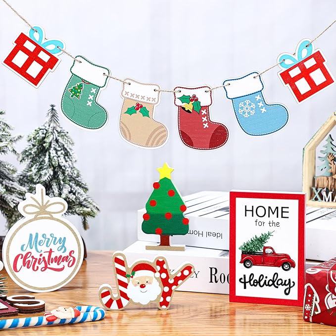 Photo 1 of 10 Pieces Christmas Tiered Tray Decor Winter Wooden Tabletop Signs Rustic Merry Christmas Wood Block Xmas Joy Red Truck Decor