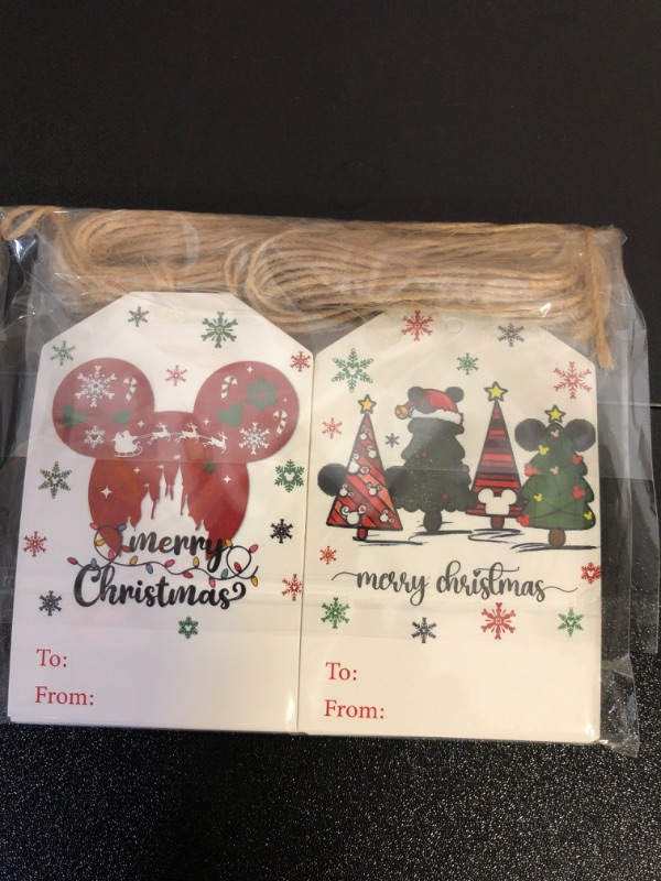 Photo 2 of 50pcs Christmas Gift Tags Holiday Gift Tags Mouse Christmas Tree Tags with Hemp Rope Red Merry Christmas Hanging Labels Paper Gift Tags for Christmas Winter Holiday Party Decor