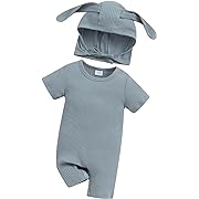 Photo 1 of Baby Size 3/6 M---Ursobutegl Newborn Baby Boy Girl Romper Easter Outfits Bunny Ear Hoodie Button onesie Bodysuits Jumpsuit Overall Rabbit Hat (Blue Bunny Jumpsuit, 3-6 Months)