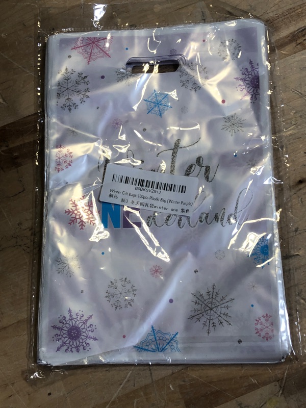 Photo 2 of 100Pcs Winter Gift Bags-Winter Onederland Baby Shower Decorations Snowflake Plastic Bags Winter Frozen Party Favor Winter Onederland 1st Birthday Bags(Winter Purple)