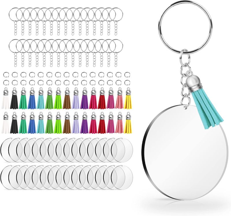 Photo 1 of 120 pcs Acrylic Keychain Blank with Key Rings: Tassels Key Chain for Craft,Bulk Keychain Rings,Key Chain Kit For Girls, Silver
