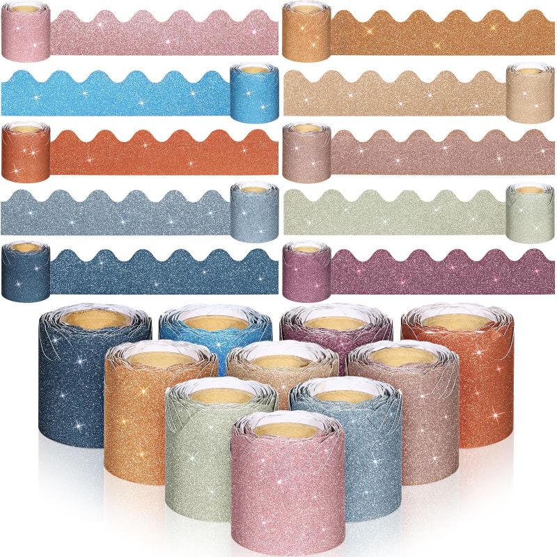 Photo 1 of 10 Roll 196.8ft Colorful Glitter Bulletin Board Borders Glitter Scalloped Bulletin Board Borders Trim for School Classroom Office Party Decorations with 2 Sheets of Self Adhesive Stickers
