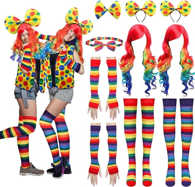 Photo 1 of 10 Pieces Clown Costume Set Women Girl Circus Clown Costume Set Rainbow Clown Bow Hair Bands Wig Stockings Gloves for Girls Women Kids Carnival Cosplay
