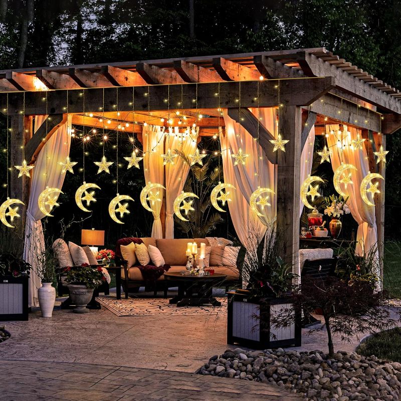 Photo 1 of [Timer & 8 Modes] Ramadan Solar Outdoor Lights, Moon and Star Ramadan Lights Solar Ramadan Window Lights Curtain Fairy String Lights, Solar Ramadan Decor Eid Decorations for Yard Patio Porch
