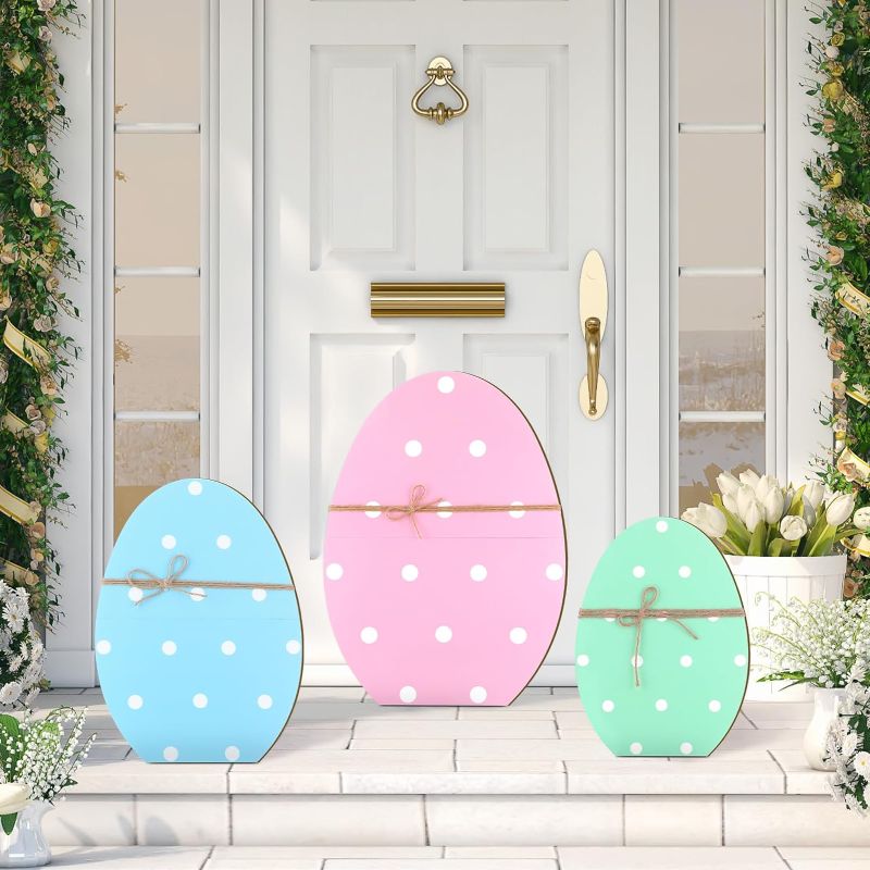 Photo 1 of 3 Pcs Easter Wooden Porch Sign Easter Egg Standing Porch Sign Decoration Spring Rustic Outside Easter Decorations for Porch Welcome Decor Outdoor Party Lawn Garden Yard Entryway 12", 16", 21"
