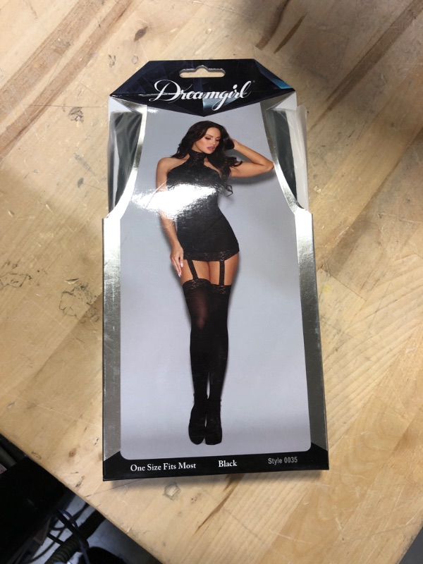 Photo 1 of Dreamgirl Women's Sheer Halter Garter Lingerie Dress with Attached Thigh High Stockings