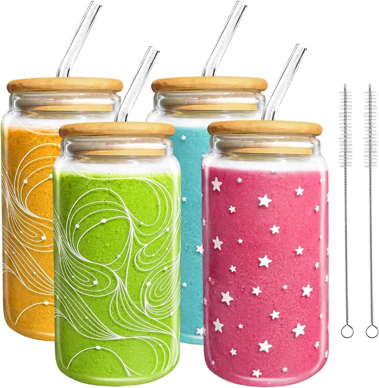 Photo 1 of Drinking Glasses with Bamboo Lids and Straw, Drinking Cups Set of 4 Pcs - 16oz Drinking Glass cups - Ice Coffee Glass, Cute Tumbler Glass for Smoothies, Cocktails, Beer Glass cup, Gifts for Women
