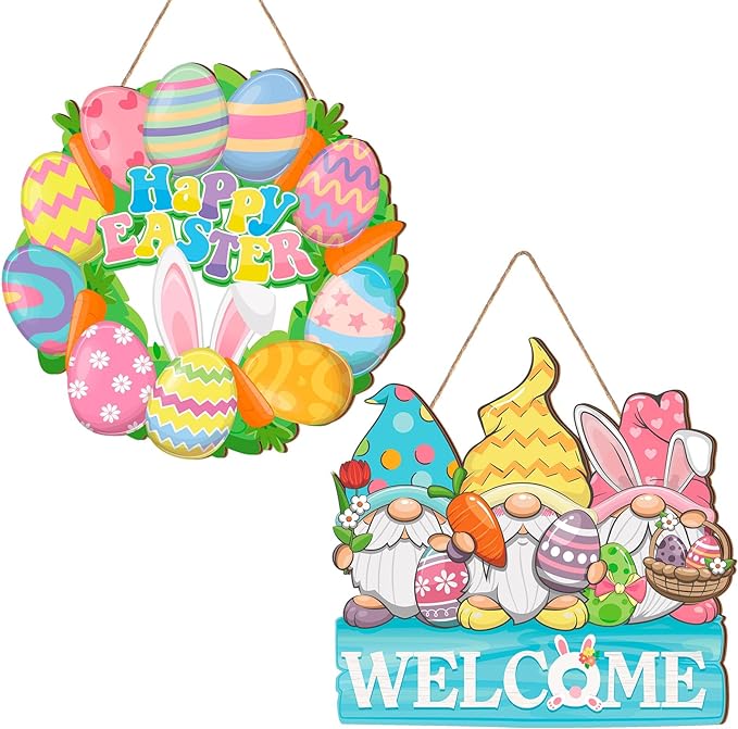 Photo 1 of 2 Pcs Easter Wooden Front Door Sign Decorations Easter Wall Wooden Door Welcome and Happy Easter Decor Easter Front Door Sign Decor Easter Indoor Outdoor Decorations
