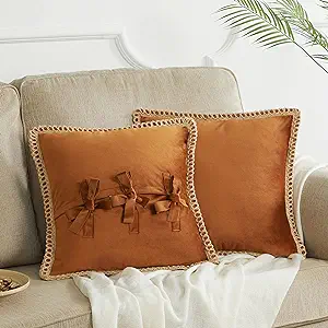 Photo 1 of GIGIZAZA Orange Velvet 18x18 Throw Pillow Covers,Burlap Linen Hemp Decorative Pillow Covers for Living Room Sofa Bow Tie Cushion Covers Pack of 2
