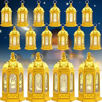 Photo 1 of 12 Pcs Ramadan Lanterns LED Lantern Decorations Vintage Moroccan Style Hanging Lanterns Mini Eid Table Centerpieces for Home Table Party Wedding Decor (Golden)
