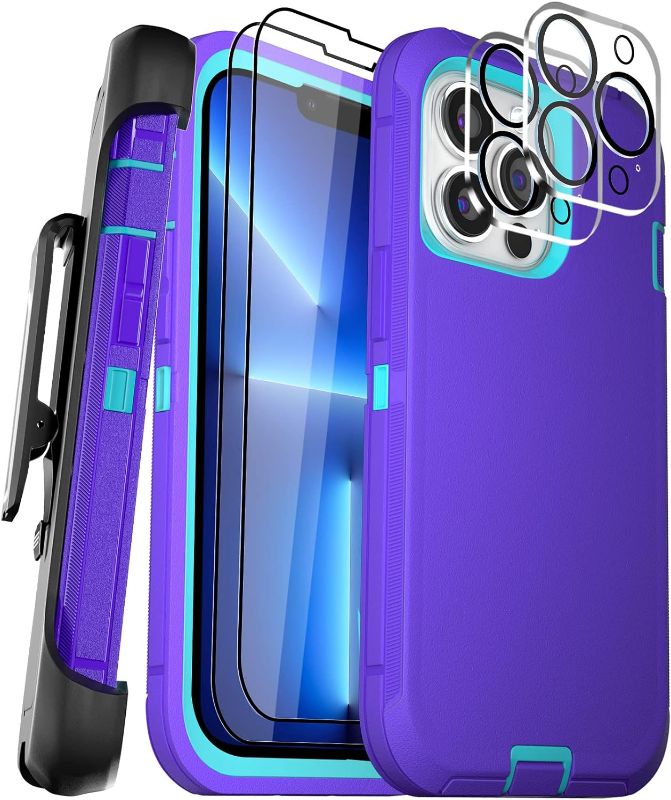 Photo 1 of for iPhone 13 Pro Max Case with Belt Clip Holster Kickstand, 2 Screen Protector & 2 Camera Lens Protector, Heavy Duty Full Protection Phone Case 6.7" (Belt Clip,Purple+Light Blue)
