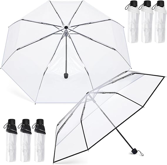 Photo 1 of 6 Pcs Clear Umbrella Transparent Foldable Umbrella Travel Compact Umbrella Windproof Portable Collapsible Umbrella Manual Open Close Folding Umbrellas for Rain Wedding Dating
