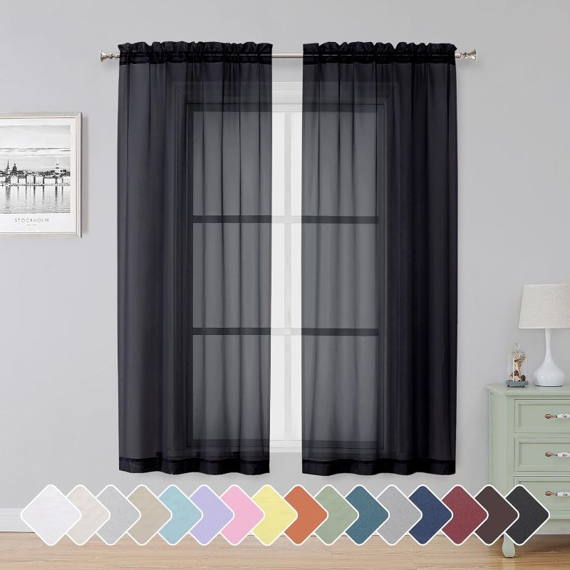 Photo 1 of Black Sheer Curtains 63 Inch Length 2 Panels, Rod Pocket Solid Color Window Sheer Curtain Panels, Elegant Curtains & Drapes for Living Room, Bedroom 2 Panels (Black, 42" W x 63" L)
