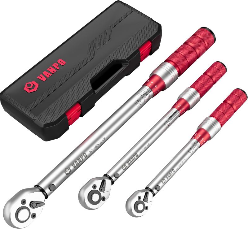Photo 1 of 1/4 & 3/8 & 1/2-inch Drive Click Torque Wrench, 3Pcs Torque Wrench Set 20-240in.lb, 5-45ft.lb, 20-160ft.lb, Dual-Direction Adjustable 72-Tooth Torque Wrench for Bike, Moto, Car Maintenance

