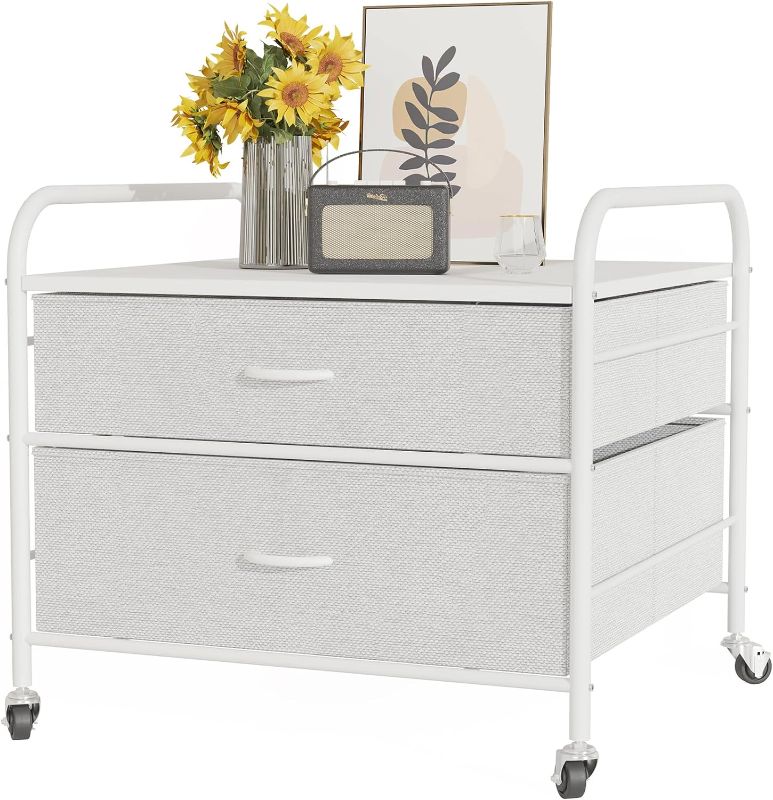 Photo 1 of 2 Drawer Dresser, 120LBS Fabric Storage Tower, 2 Drawer Storage Cart, Mini Fridge Stand with Storage, Metal Frame Iron Top, 4 Swivel Wheels for Home Kitchen, White
