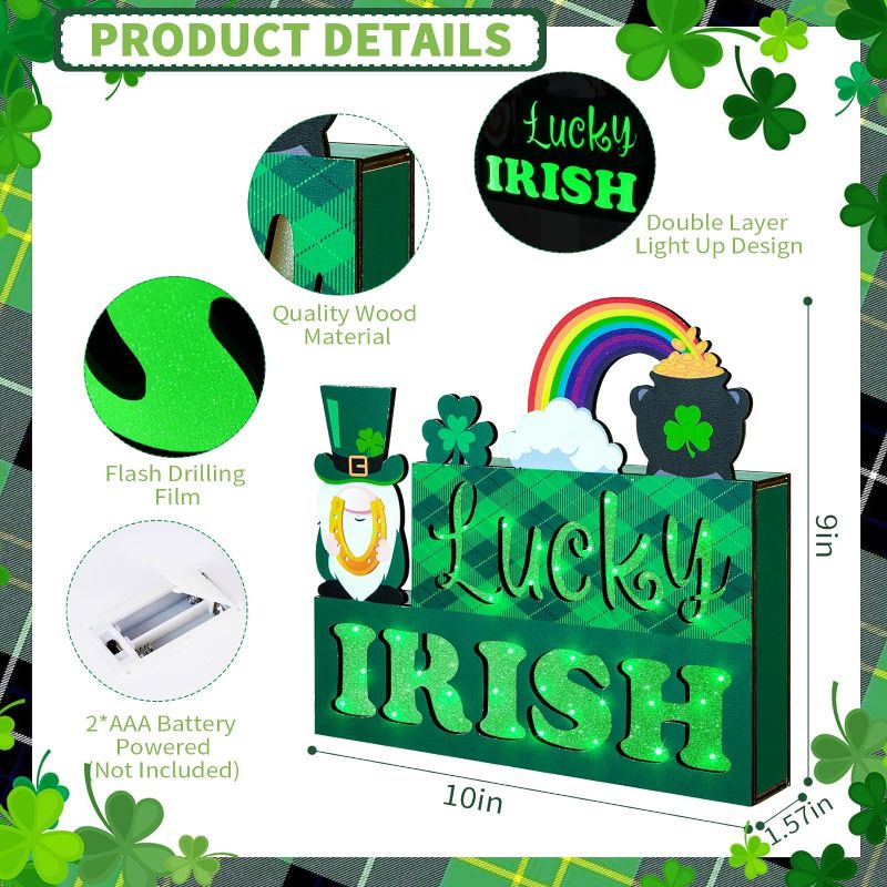 Photo 1 of 10 in St Patricks Day Decorations 3-Layered St Patricks Day Wooden Sign Lighted St Patricks Day Decor Battery Operated St Patricks Day Block Sign with Shamrock Pot of Gold Rainbow Horseshoe for Table