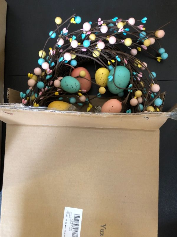 Photo 1 of 18 Inch Easter Wreath Artificial Easter Colorful Egg Wreath for Front Door Easter Door Wreath Spring Wreath with Pastel Eggs and Mixed Twigs for Easter Decorations Cute Egg Style
