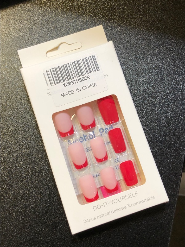 Photo 1 of Red Press on Nails, Glossy Medium Length Square Shape False Nails with Glue, Artificial French Tip Full Cover Fake Nails with Design, Acrylic Reusable Stick on Static Nails Art Decoration for Girls short nail3