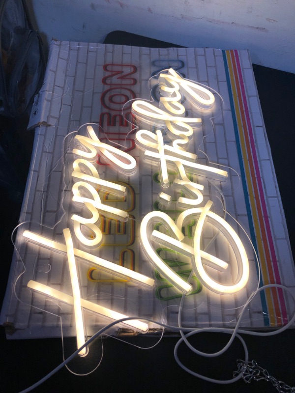 Photo 2 of Happy Birthday Neon Sign for Wall Decor, Warm White Led Neon Light Signs, Art Decoration Happy Birthday Neon Light Sign for All Birthday Party Decoration