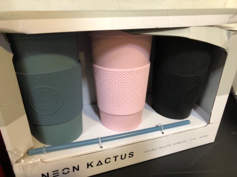 Photo 2 of 3pack Neon Kactus Double Walled Tumblers | Acrylic Tumbler with Lid and Straw | Insulated with Food Grade Silicone Sleeve | For Hot & Cold Drinks | Leakproof, Reusable | Pastel Blue, Pink, Black, 22oz