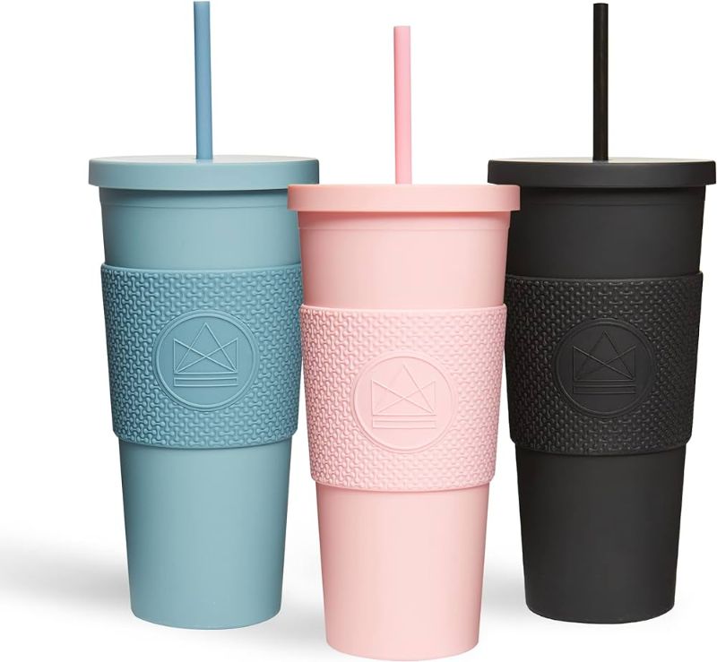 Photo 1 of 3pack Neon Kactus Double Walled Tumblers | Acrylic Tumbler with Lid and Straw | Insulated with Food Grade Silicone Sleeve | For Hot & Cold Drinks | Leakproof, Reusable | Pastel Blue, Pink, Black, 22oz