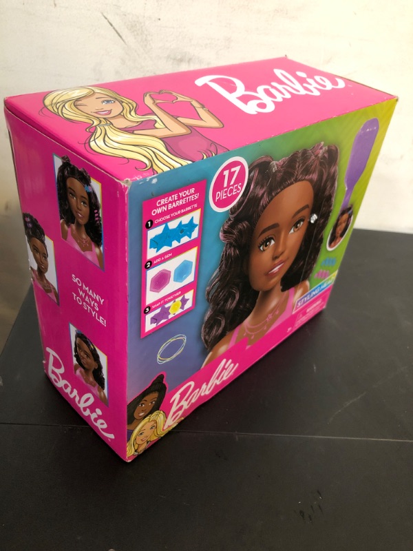 Photo 2 of Barbie Small Styling Head and Accessories, Dark Brown Hair, Brown Eyes, 17-pieces, Pretend Play, Kids Toys for Ages 3 Up by Just Play Styling Head Dark Brown Hair