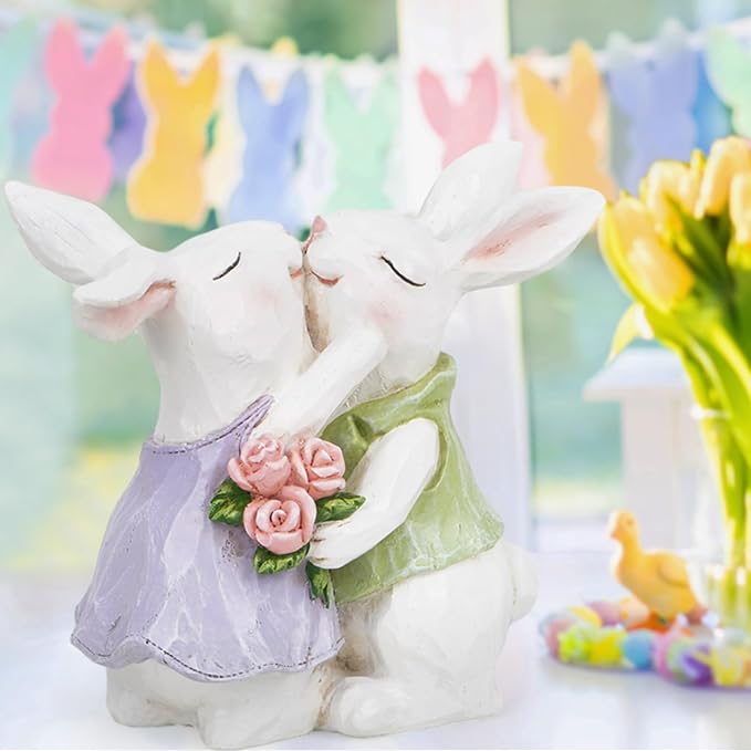 Photo 1 of Hodao Easter Bunny Couple Decorations Spring Easter Rabbit Decor Figurines Valentine Day Tabletopper Decorations for Party Home Holiday Cute Rabbit Easter Day Couple Gifts Decoration