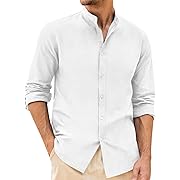 Photo 1 of Size M---Runcati Mens Linen Button Down Shirt Long Sleeve Casual Banded Collar Summer Beach Wedding Plain Tops White
