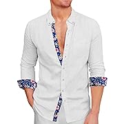 Photo 1 of Size XL--Runcati Mens Linen Button Down Shirts Long Sleeve Beach Floral Print Summer Casual Shirts