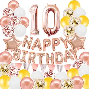 Photo 1 of 10th Rose Gold and Champagne Gold Birthday Party Decorations Set- Rose Gold Birthday Banner,Foil Number Balloons, Latex Balloons?Triangle Banner and More for 10 Years Old Brithday Party Supplies