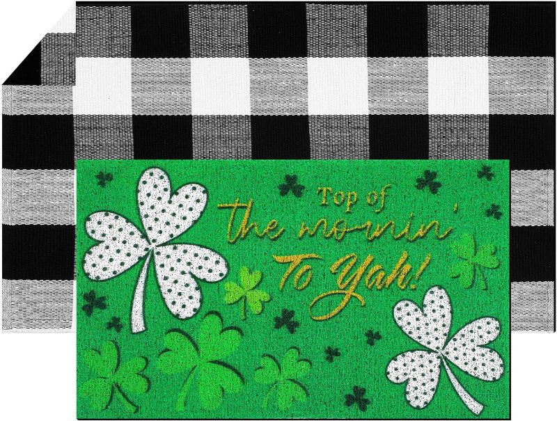 Photo 1 of 2 Pcs St. Patrick's Day Imitation Coir Doormat with Hand-Woven Cotton Buffalo Plaid Outdoor Rug Top of The Mornin' to Yah Mat with Rubber Non Slip for Layering Decor Front Door Entrance Mat

