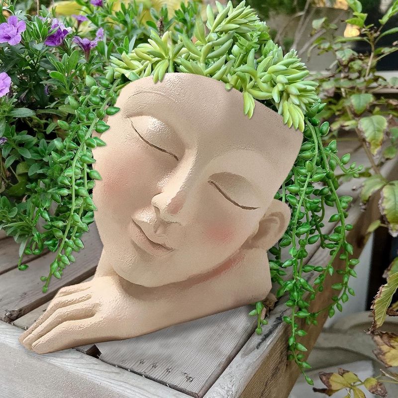 Photo 1 of Face Planters Pots Head Planter, Cute Lady Face Flower Pots- Side Planter, Face Plant pots for Indoor and Outdoor for Succulent Growing, Resin Planter pots with Drainage Holes
