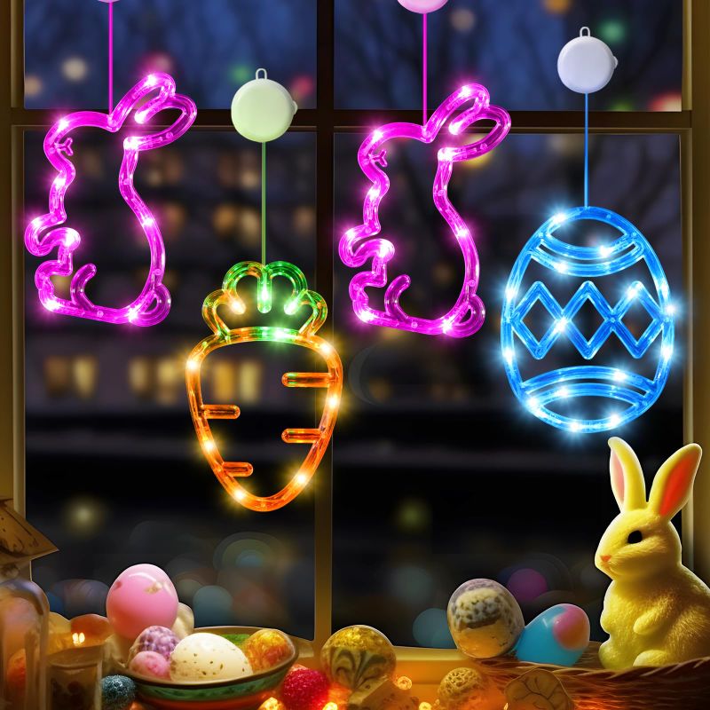 Photo 1 of 4Pack Easter Window Lights Decorations with Timer, Battery Powered Hanging Pink Orange Green Blue Lighted Bunny Carrot Egg Shaped Sucker LED Lamp for 2024 Holiday Indoor Home Decor 4 Bunny Carrot Egg