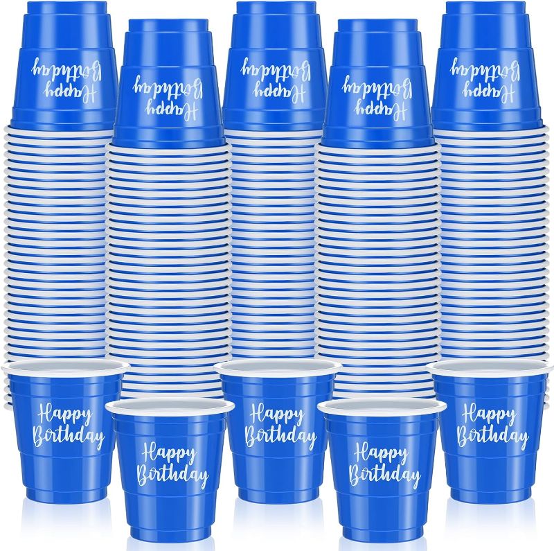 Photo 1 of 100 Pcs Happy Birthday Plastic Shot Glasses 2oz Disposable Shot Cups for Party Mini Drinking Cups for Birthday Wedding Party Favors Tasting Serving Snacks Samples(Blue)
