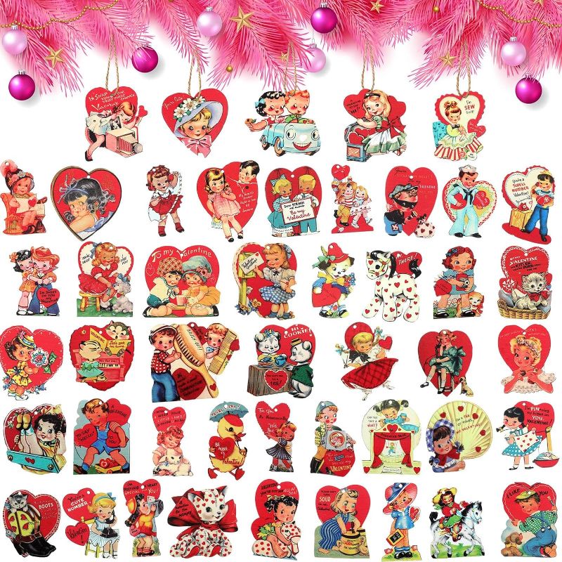 Photo 1 of 48 Pcs Vintage Valentines Wood Hanging Ornaments for Valentine's Day Tree Decorations Retro Wooden Valentines Heart Ornaments for Valentine's Day Gift Party Supplies Home Tree Decor
