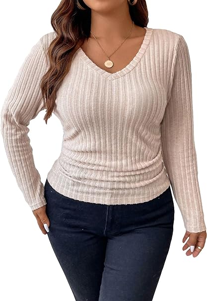 Photo 1 of SOLY HUX Women's Plus Size Long Sleeve Tops Ruched Rib Knit V Neck T Shirts Casual Fitted Tees
