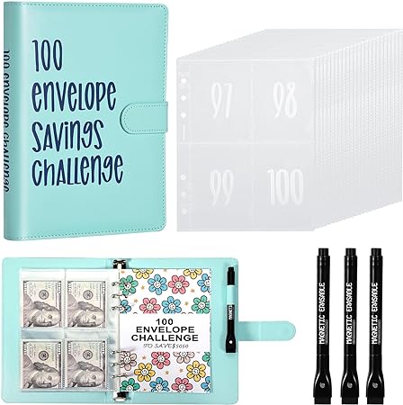 Photo 1 of 100 Envelopes Challenge Binder,Savings Challenge Binder,Easy and Funny Way to Save $5,050, A5 Money Saving Budget Binder with Cash Envelopes(Blue)