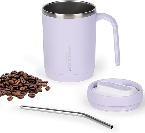 Photo 1 of 16 oz Stainless Steel Reusable Coffee Mug, Coffee Mug with Lid and Handle, Cool Beer Cup, Insulated Coffee Mug with Splash Proof Lid & Straw (Purple)