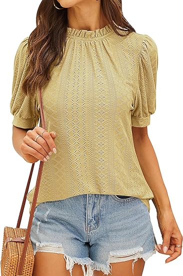 Photo 1 of Women's Puff Short Sleeve T Shirt Dressy Casual Eyelet Tops Summer Mock Neck Blouse Loose Fit   XL 