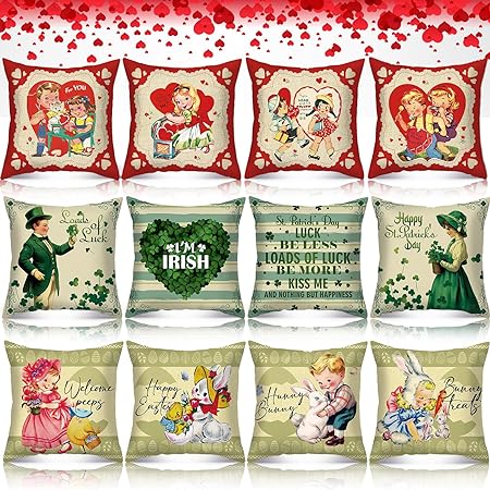 Photo 1 of 12 Pcs Easter Pillow Covers Retro St. Patricks Day Throw Pillow Covers 18 x 18 Vintage Victorian Pillow Cases Bulk for Seasonal Holiday Valentines Day Party Favors Couch Sofa Bed