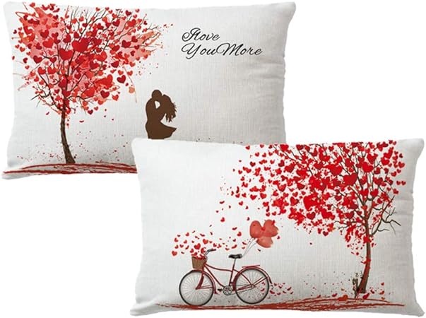 Photo 1 of 2Pack Happy Valentine's Day Pillow Cover Red Heart Tree Maple Leaves with Love Bicycle Rectangular/Waist Cushion Cover Romantic Gift Home Decorative Cotton Linen Pillowcases 12"×20" (Red)