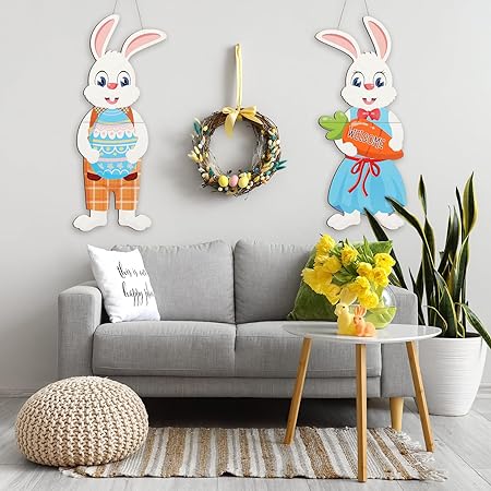 Photo 1 of 2 Pcs 9.4 x 28.4 Inch Wooden Rabbit Easter Rabbit Ornaments Hanging Rabbit Easter Decor for Door Porch Garden Yard Indoor Easter Holiday Party Outdoor Home Decorations