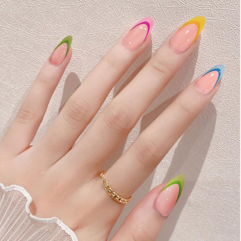 Photo 1 of 24 PCS Press on Nails Almond Nails Medium Full Cover False Nails French Fake Nails for Women (Nude-Colorful)