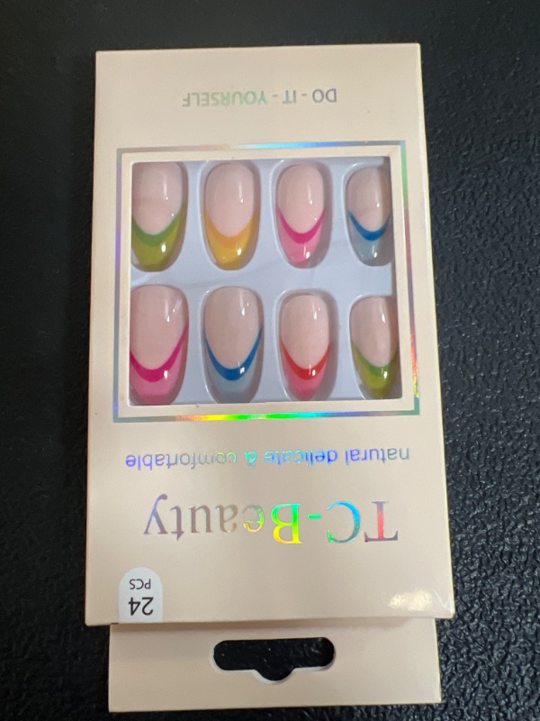 Photo 2 of 24 PCS Press on Nails Almond Nails Medium Full Cover False Nails French Fake Nails for Women (Nude-Colorful)