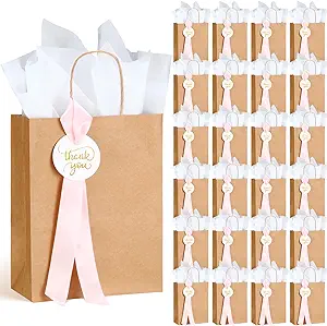 Photo 1 of 25 Sets Wedding Thank You Gift Bags with Blush Ribbon Thank You Cards White Tissue Paper 8.3 x 4.3 x 10.6 Inch Kraft Paper Gift Bags with Handles for Wedding Bridal Birthday Guest Party Favor