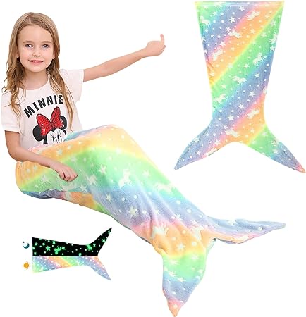 Photo 1 of Kids Wearable Mermaid Tail Blanket Soft Cartoonish with Unicorn Pattern Night Glow Lovely Parent Child Gift