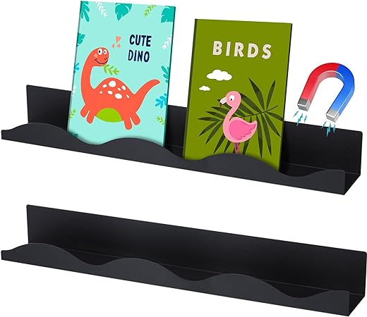 Photo 1 of 2 Pcs Magnetic Book Shelf for Whiteboard Metal Wave Design Floating Nursery Book Shelves for Kids Room Magnetic Book Display Shelf for Kids Room Teacher Whiteboard (Black,17 x 2.4 x 2.0 Inch)