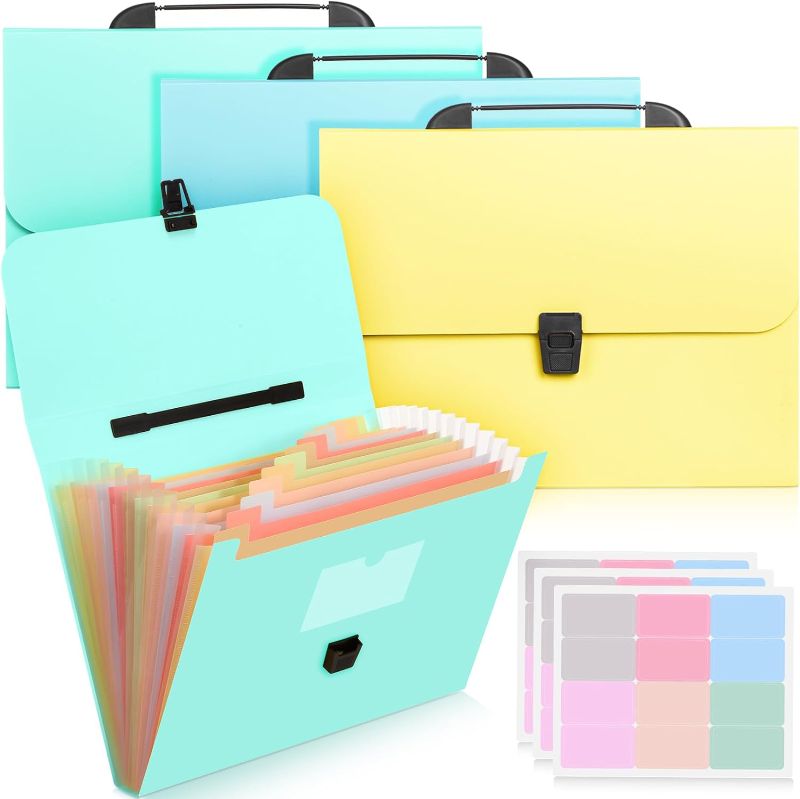 Photo 1 of 3 Pcs 13 Pockets Expanding File Folder with Handle Large Waterproof Expandable Monthly Portable Paper Document Organizer Folded for Office(Yellow, Lake Blue, Fruit Green)
