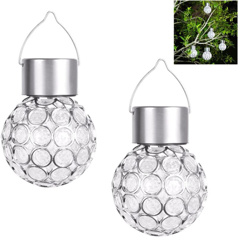 Photo 1 of 2 Pack Hanging Solar Lights Outdoor Waterproof,Multi Color Solar LED Hanging Light Lantern Hollow Out Ball Lamp for Outdoor Garden Yard Patio Decoration Holiday lig Solar Light (White)
