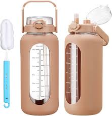 Photo 1 of 64oz Glass Water Bottles with Straw and Handle Lid, Half Gallon Motivational Glass Bottle Silicone Sleeve Large Glass Water Jug for Home Office Gym -Brown